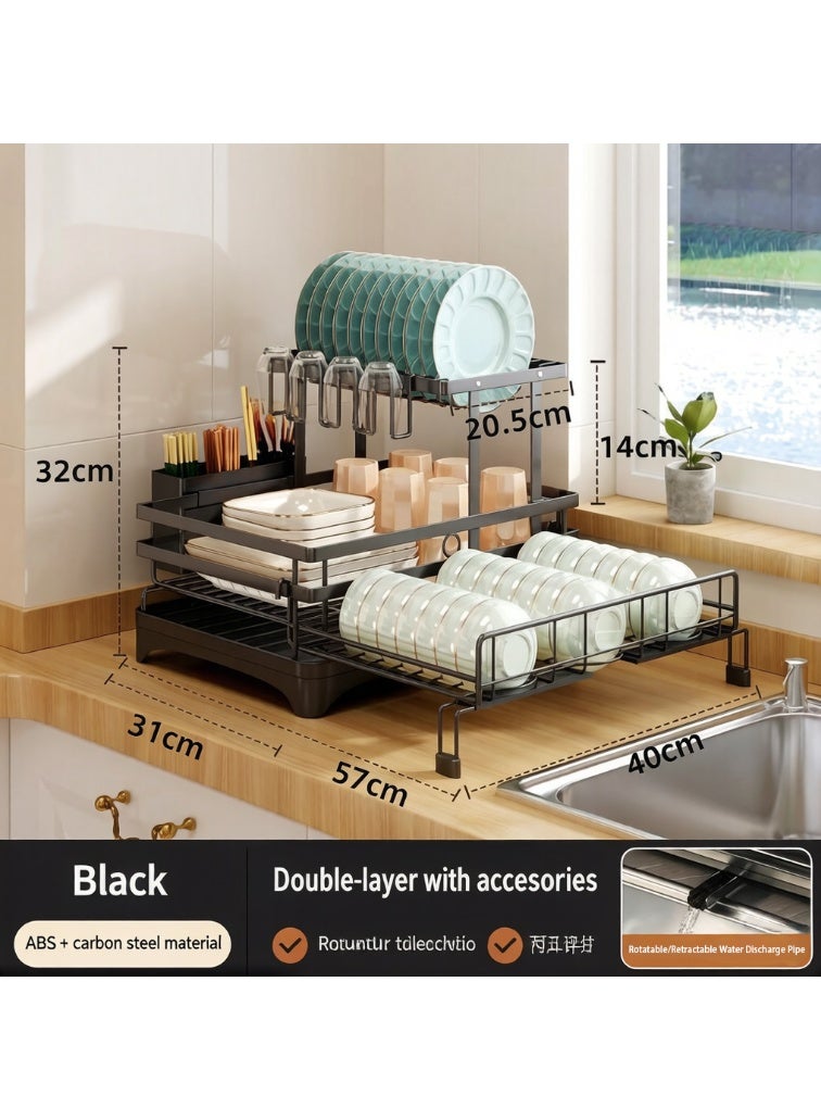 FUOE Black Extendable Dish Rack with 4-Grid Cup Holder & 3-Grid Utensil Tray - Double-Layer Foldable Kitchen Drainer and Organizer for Plates, Bowls, Cups and Cutlery, Space-Saving Dish Drying Rack for Kitchen Countertop - Image 1